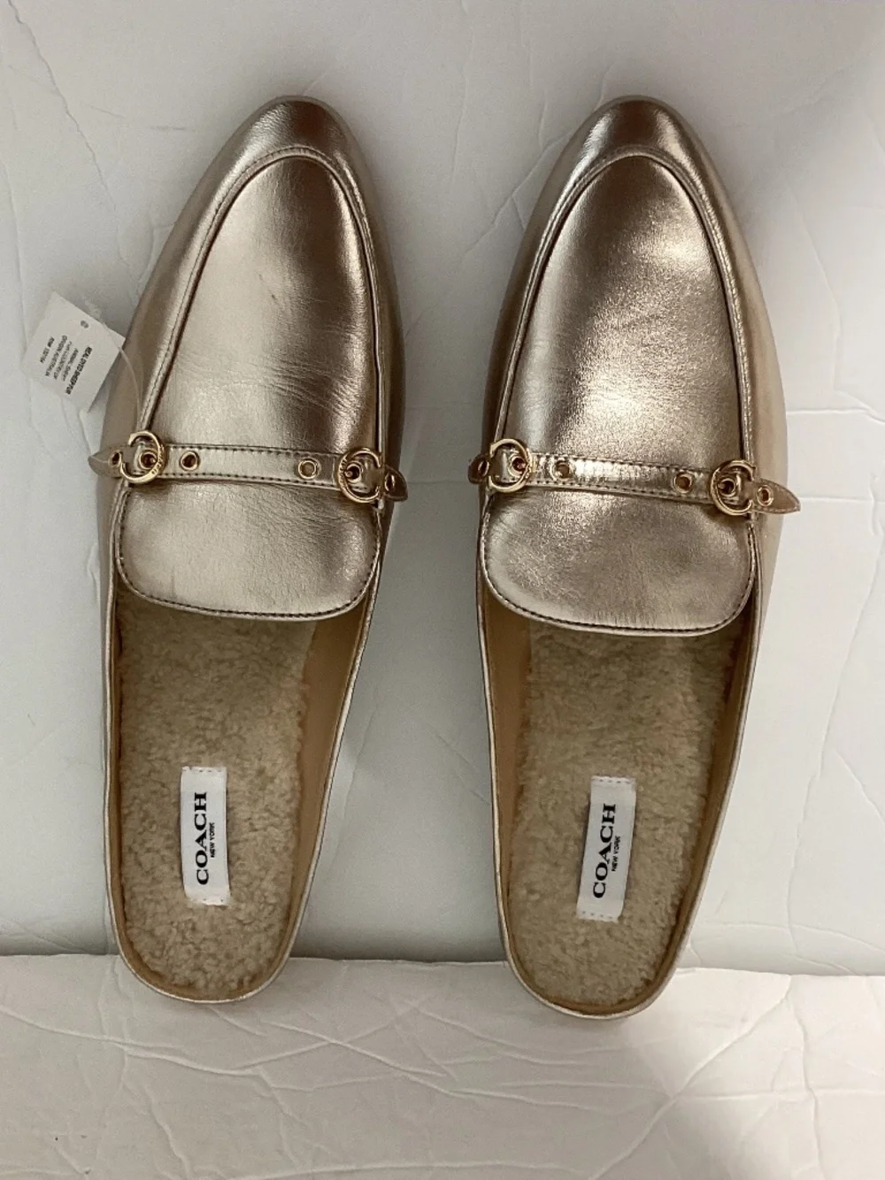 NEW W/OUT BOX COACH MULES IRENE METALLIC GOLDEN SHEARLING LINING